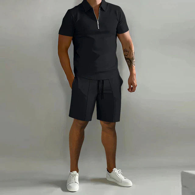 Men's Zip Neck Polo and Shorts Set Casual Summer Outfit