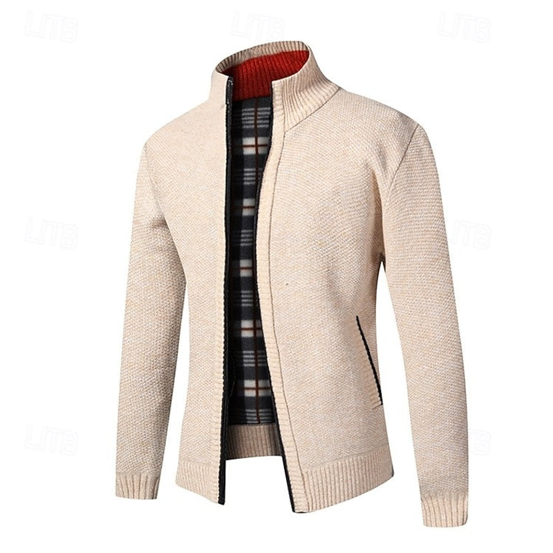 Men's Zip Up Mock Neck Ribbed Knit Sweater Cardigan