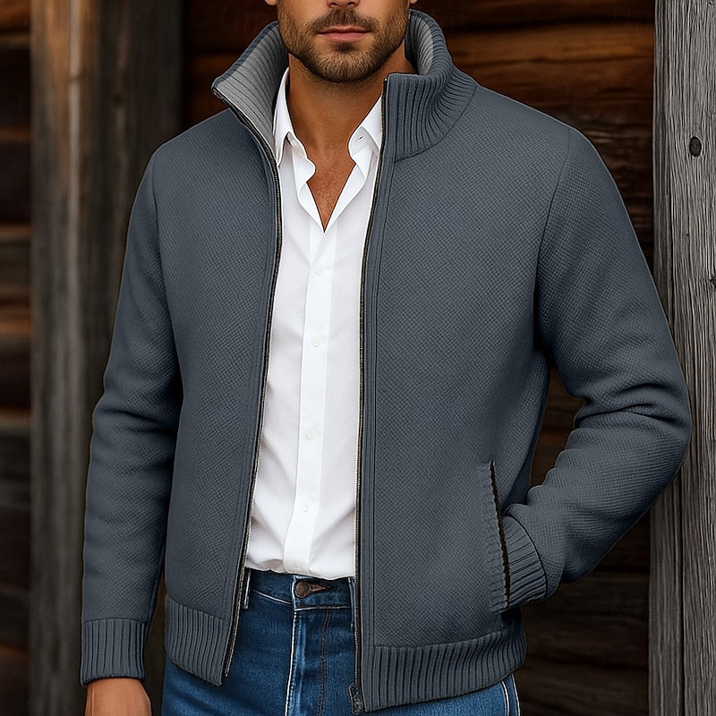 Men's Zip Up Mock Neck Ribbed Knit Sweater Cardigan