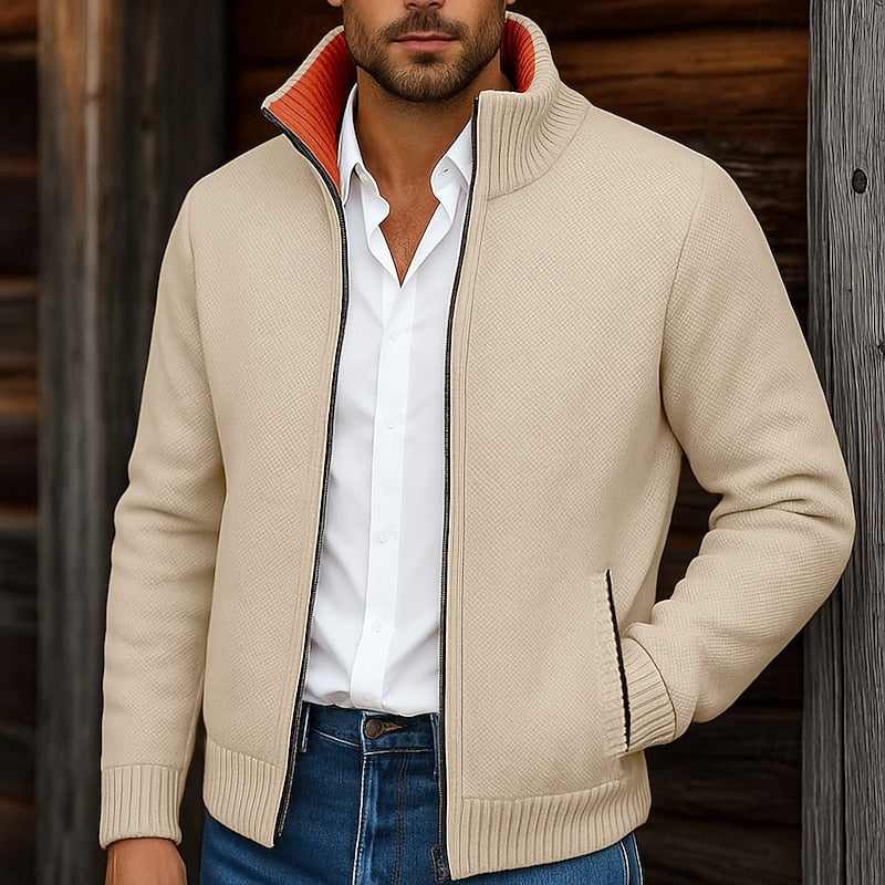 Men's Zip Up Mock Neck Ribbed Knit Sweater Cardigan