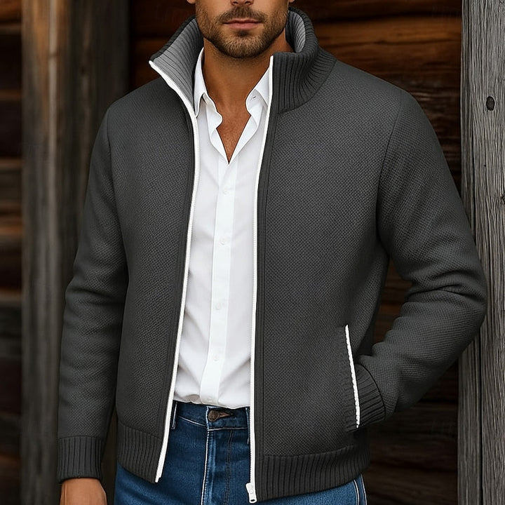 Men's Zip Up Mock Neck Ribbed Knit Sweater Cardigan