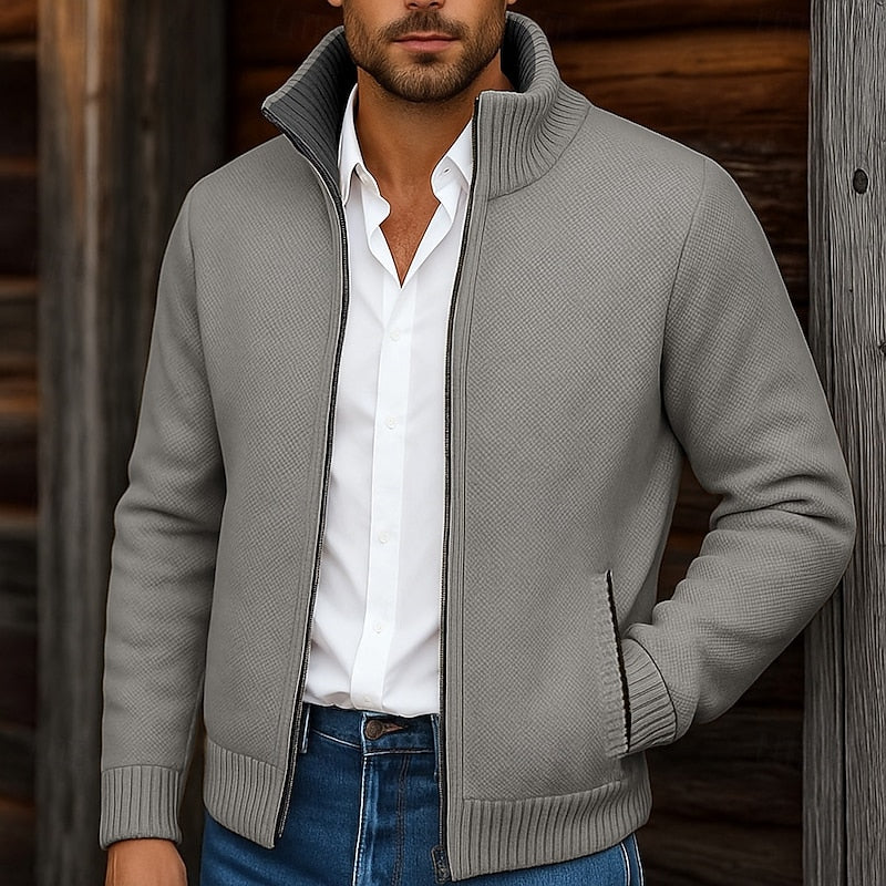 Men's Zip Up Mock Neck Ribbed Knit Sweater Cardigan