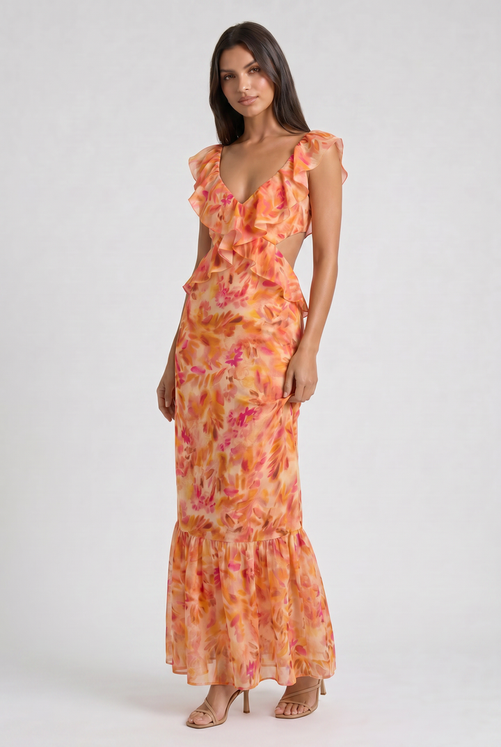 Orange Floral Summer Wedding Guest Maxi Dress for Women