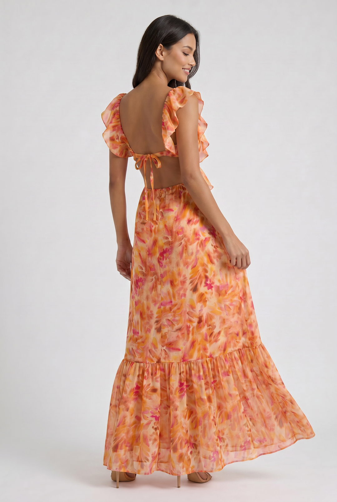 Orange Floral Summer Wedding Guest Maxi Dress for Women