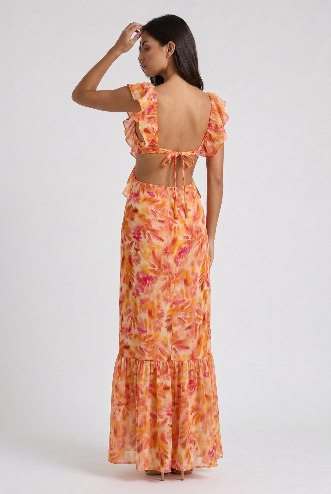 Orange Floral Summer Wedding Guest Maxi Dress for Women