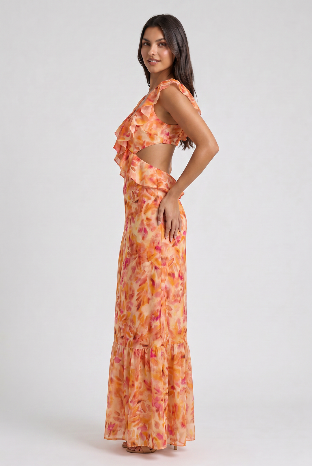 Orange Floral Summer Wedding Guest Maxi Dress for Women