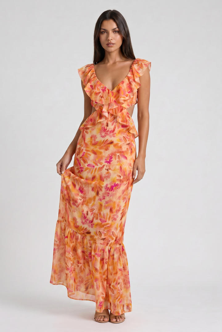 Orange Floral Summer Wedding Guest Maxi Dress for Women