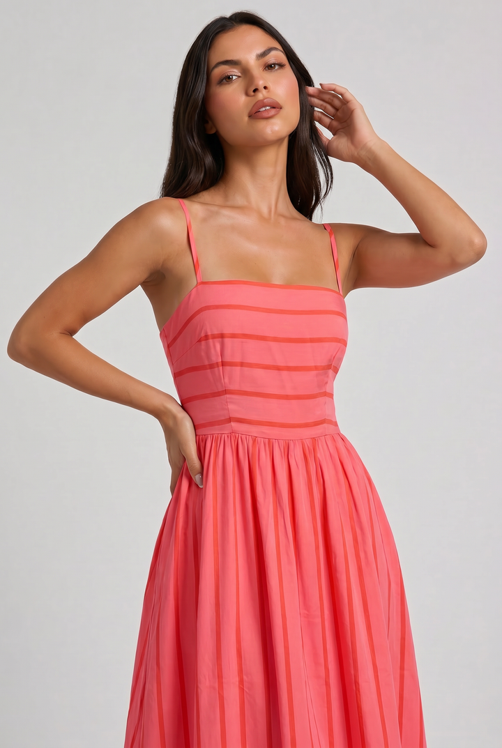 Pink Floral V-Neck Cocktail Midi Dress for Women Summer