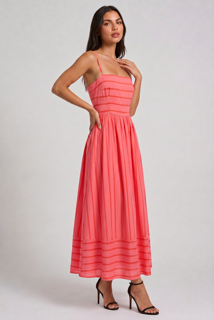 Pink Floral V-Neck Cocktail Midi Dress for Women Summer