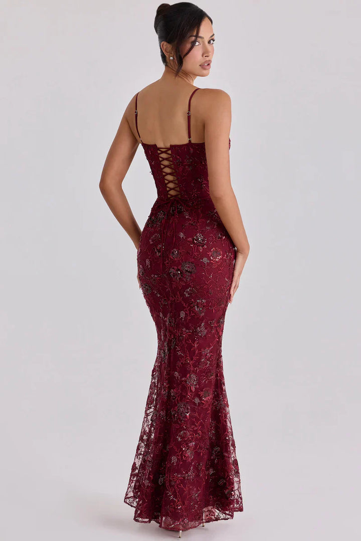 Red Beaded Corset Formal Evening Maxi Dress for Women