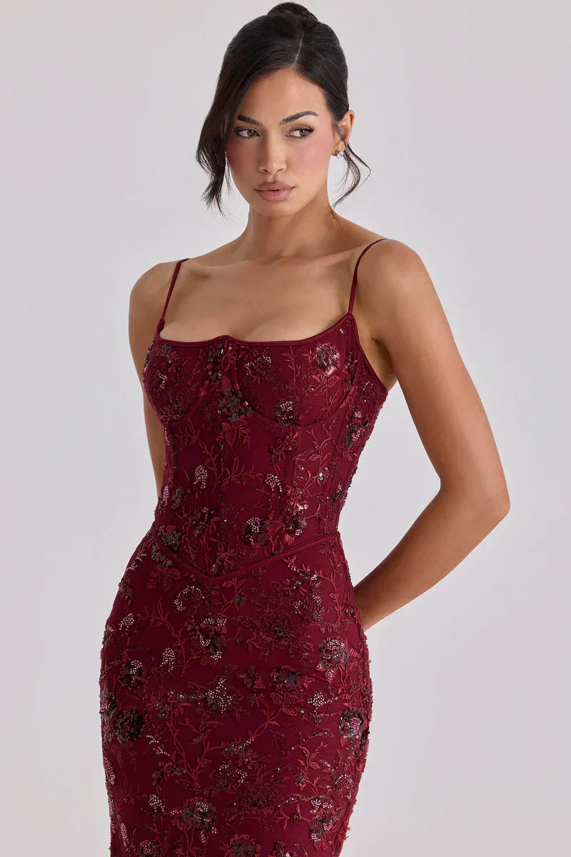 Red Beaded Corset Formal Evening Maxi Dress for Women