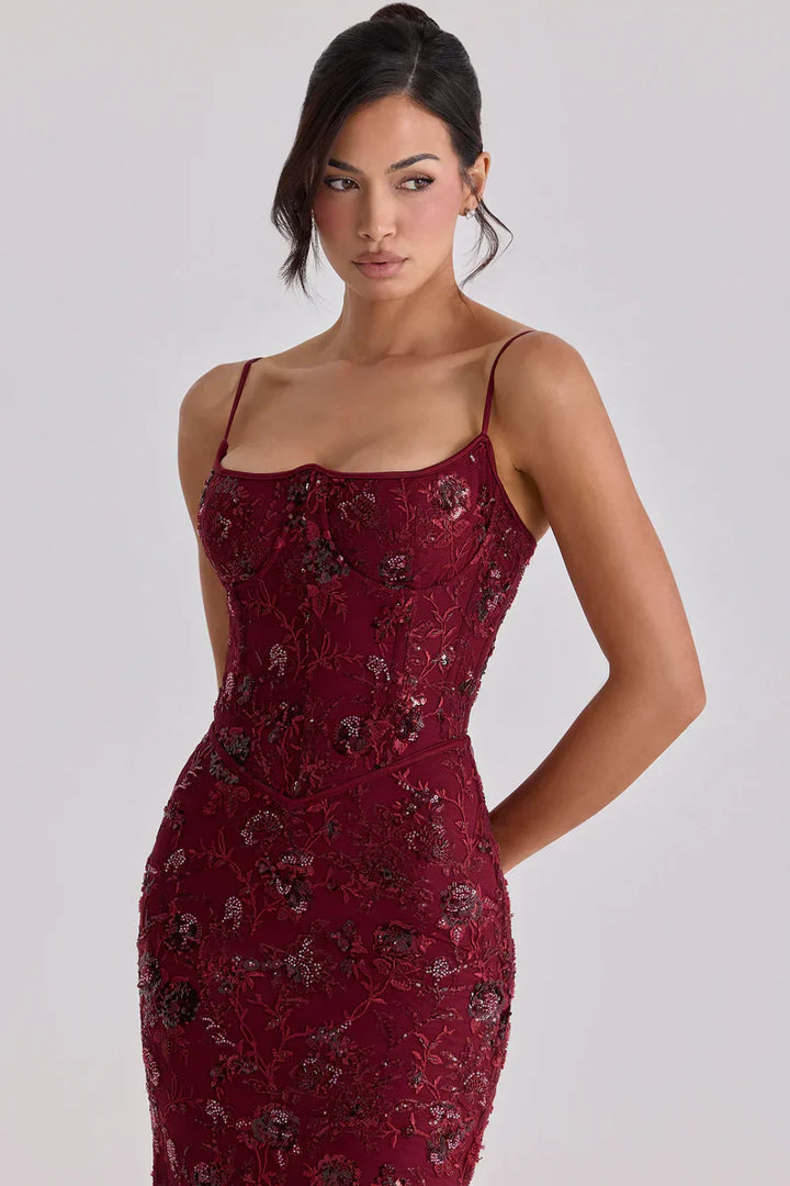 Red Beaded Corset Formal Evening Maxi Dress for Women