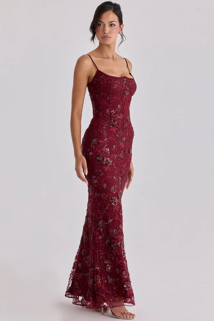 Red Beaded Corset Formal Evening Maxi Dress for Women