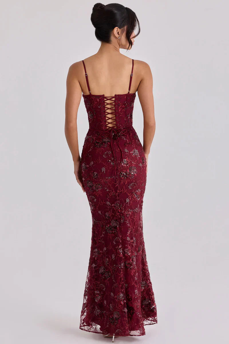 Red Beaded Corset Formal Evening Maxi Dress for Women