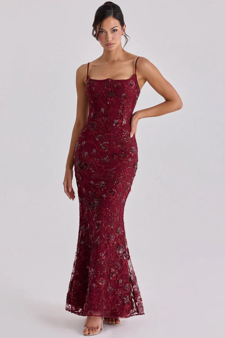 Red Beaded Corset Formal Evening Maxi Dress for Women