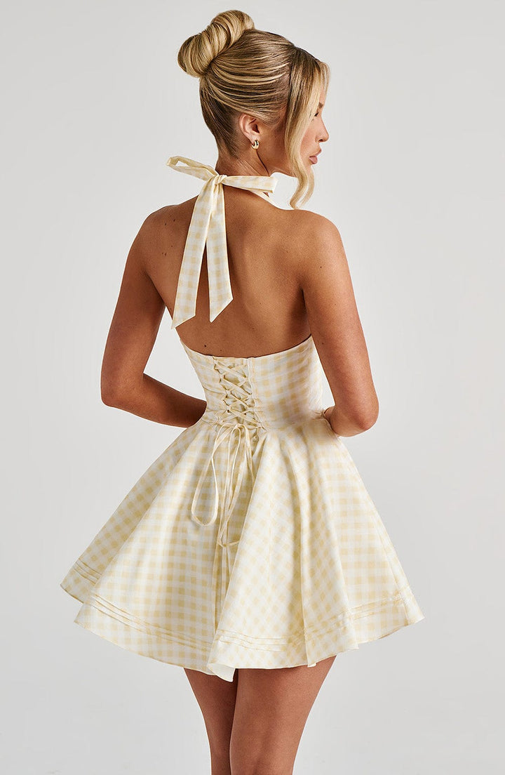 Summer Gingham Plunge Halter Mini Dress for Women