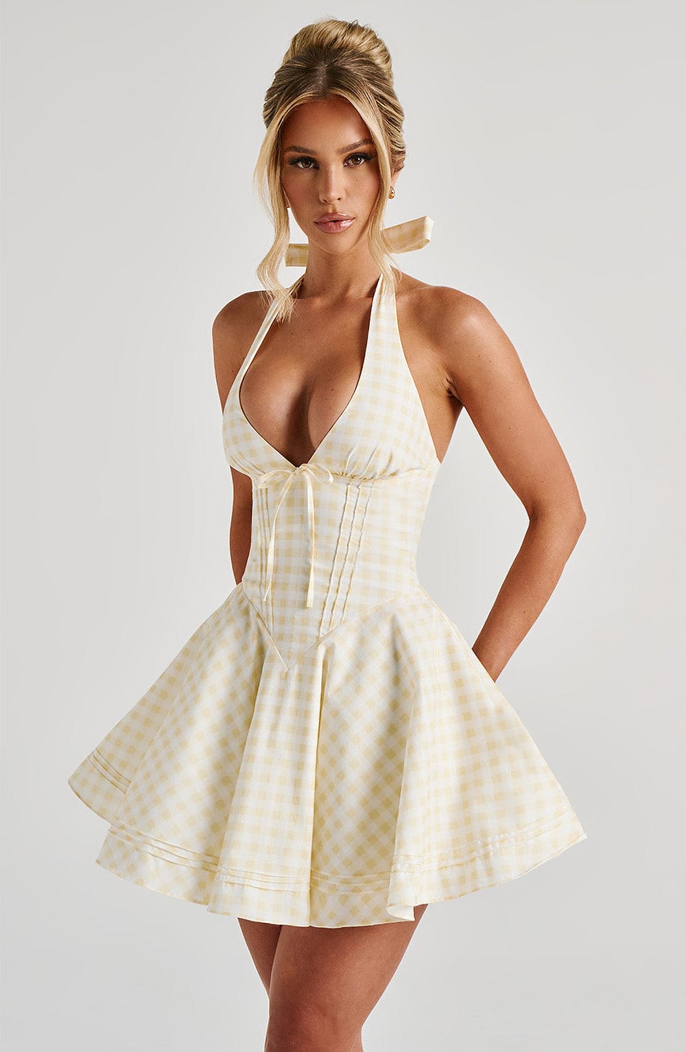Summer Gingham Plunge Halter Mini Dress for Women