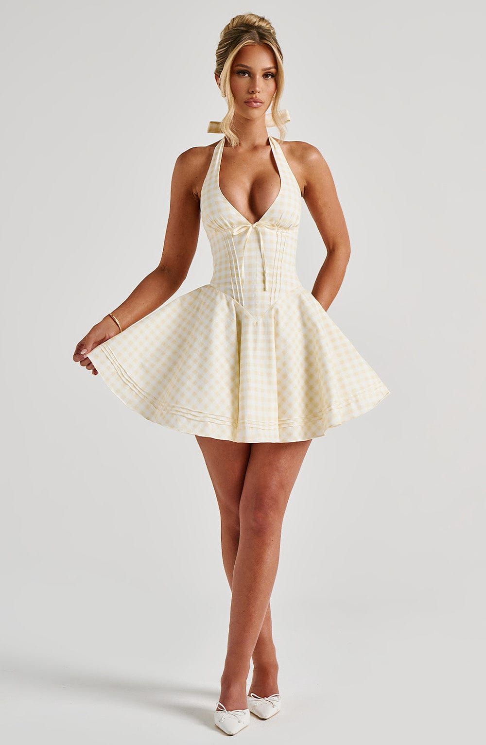 Summer Gingham Plunge Halter Mini Dress for Women