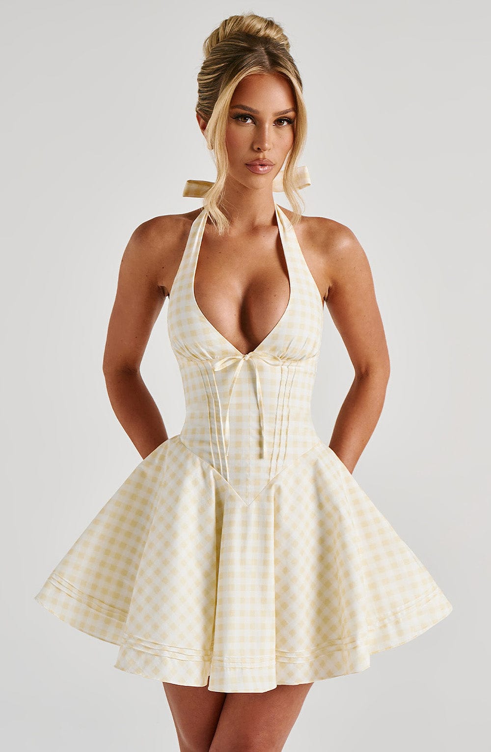Summer Gingham Plunge Halter Mini Dress for Women