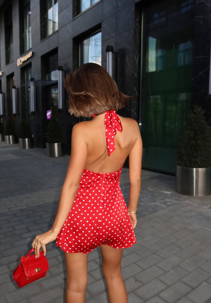Summer Polka Dot Halter Neck Mini Dress for Women