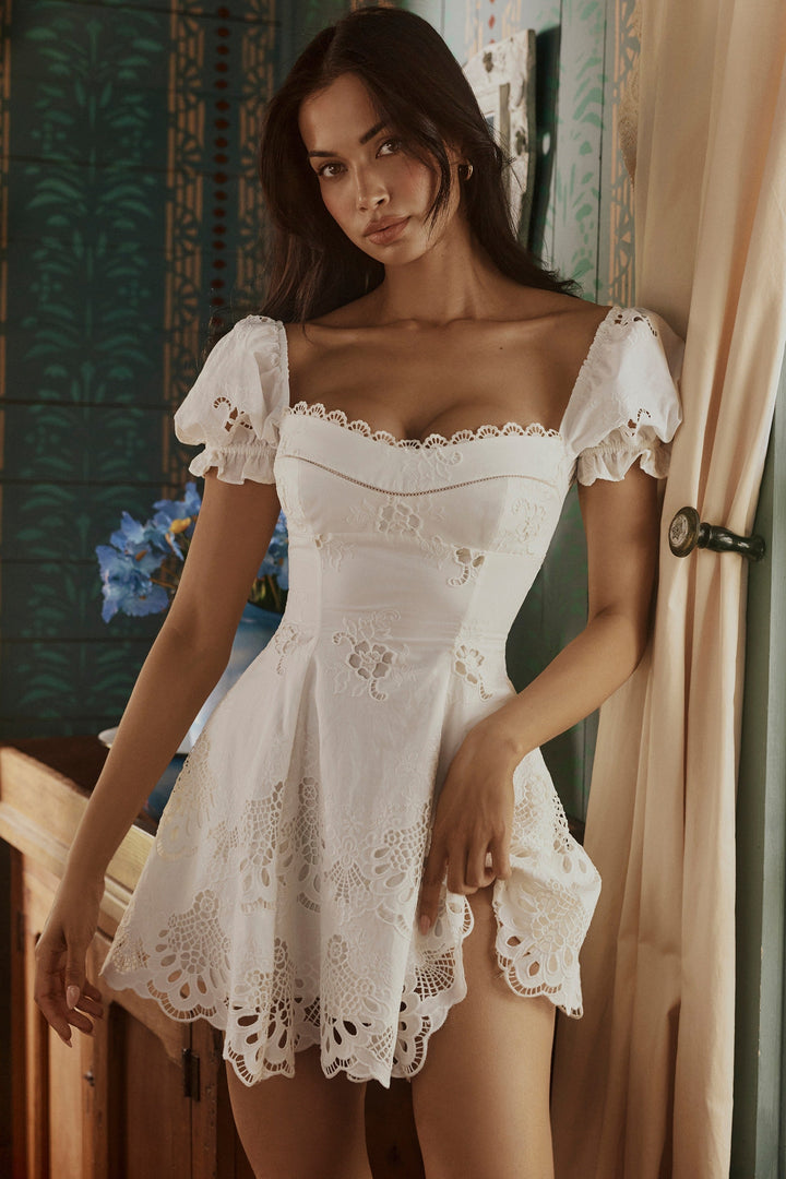 Summer Wedding Guest White Cotton Mini Dress for Women