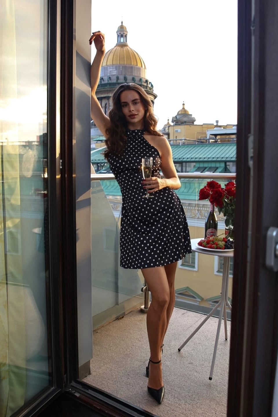 Wedding Guest Black Polka Dot Halter Mini Dress for Women