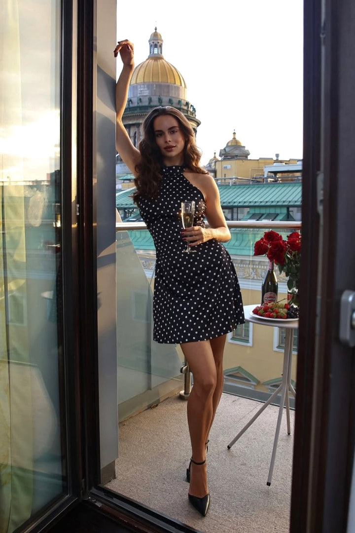 Wedding Guest Black Polka Dot Halter Mini Dress for Women