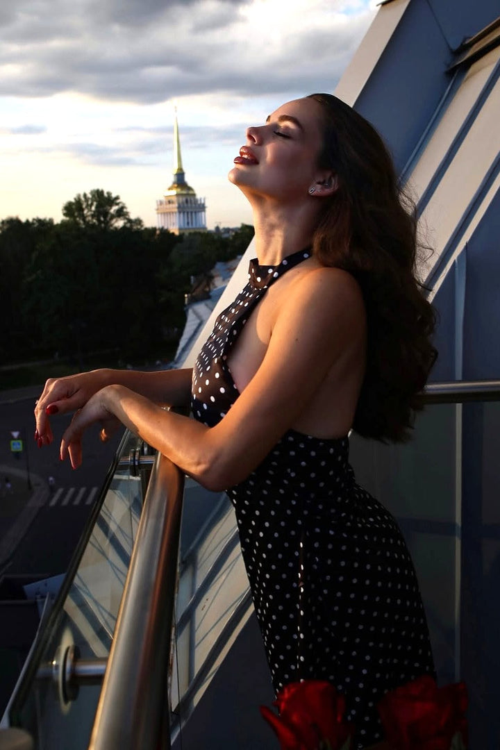 Wedding Guest Black Polka Dot Halter Mini Dress for Women