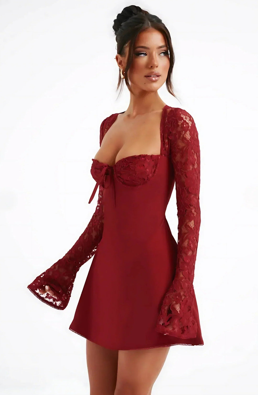 Wedding Guest Lace Long Sleeve Mini Dress for Women