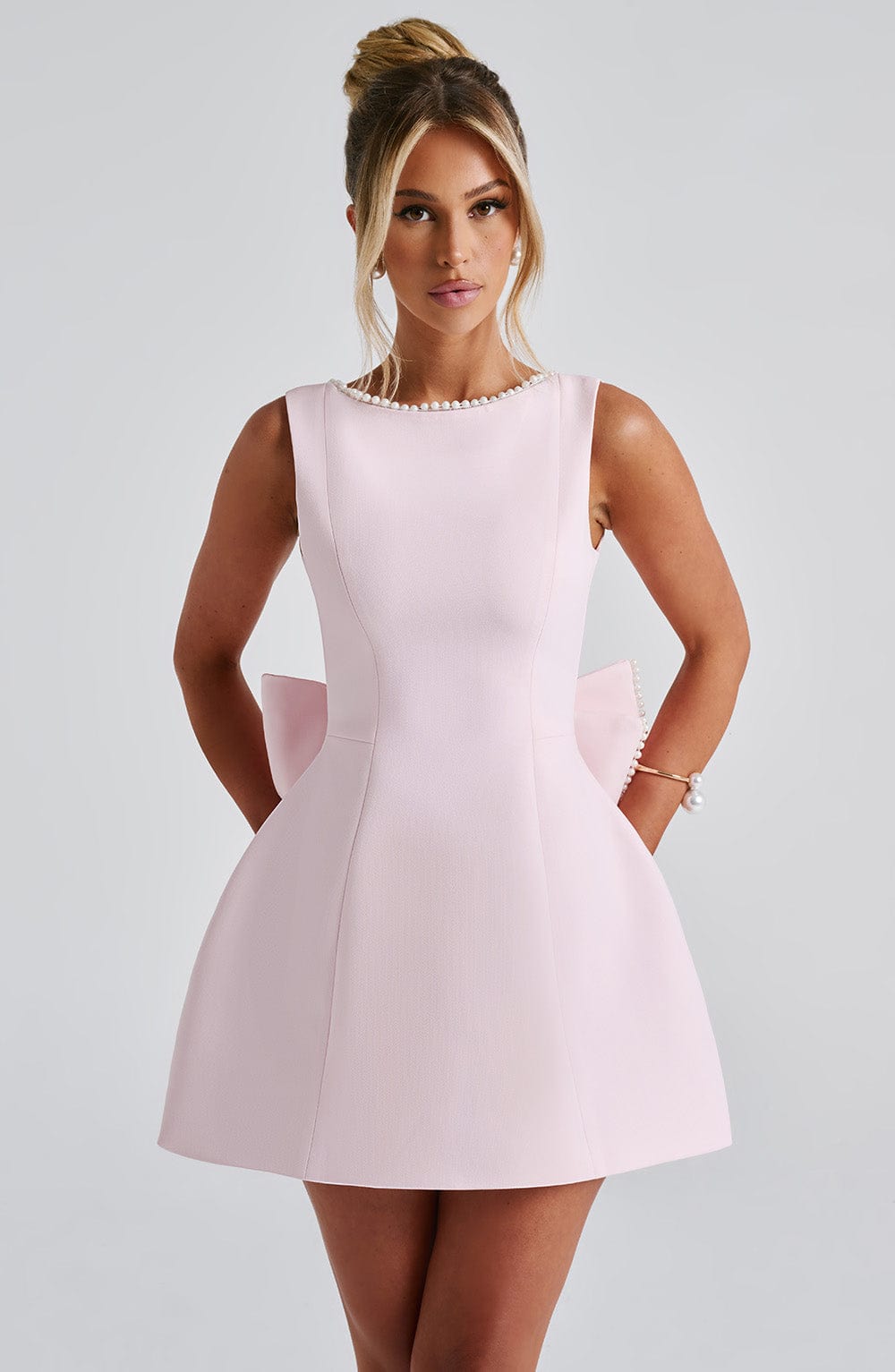 Wedding Guest Pearl Neck A-Line Mini Dress for Women