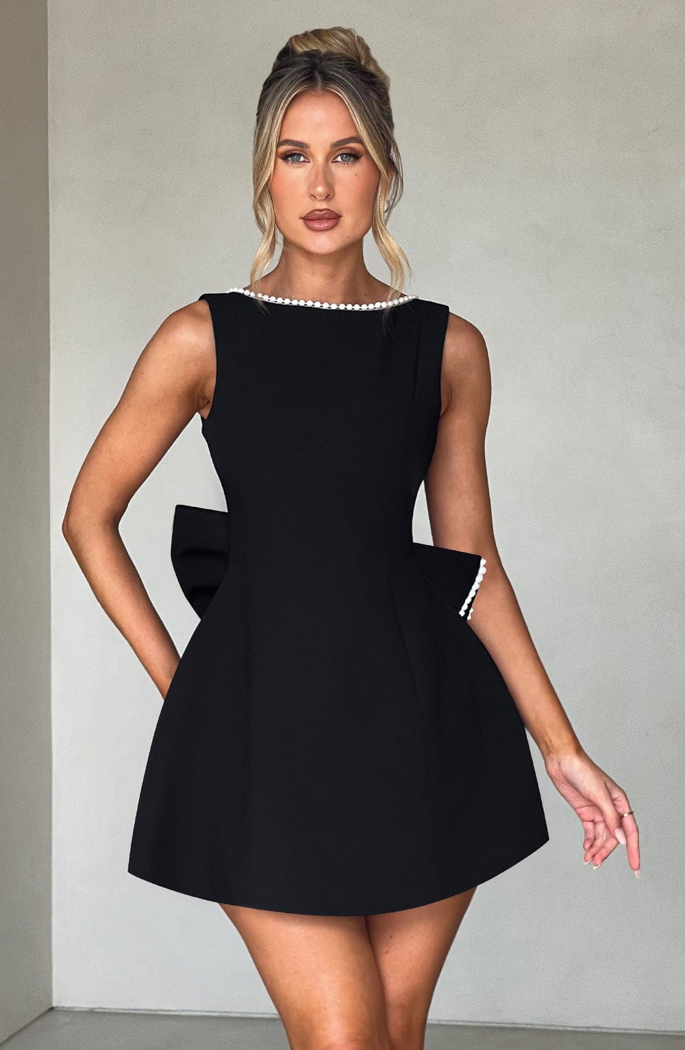 Wedding Guest Pearl Neck A-Line Mini Dress for Women