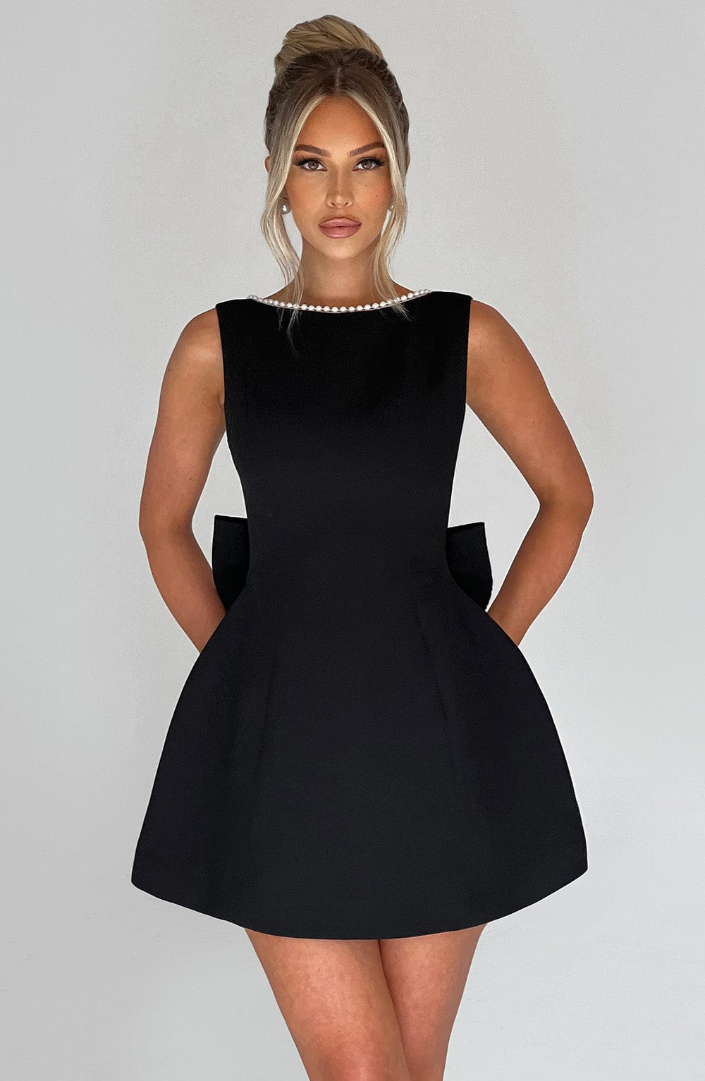 Wedding Guest Pearl Neck A-Line Mini Dress for Women