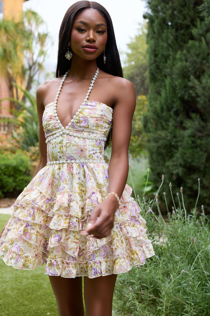 Wedding Guest Pink Floral Halter Mini Dress for Women