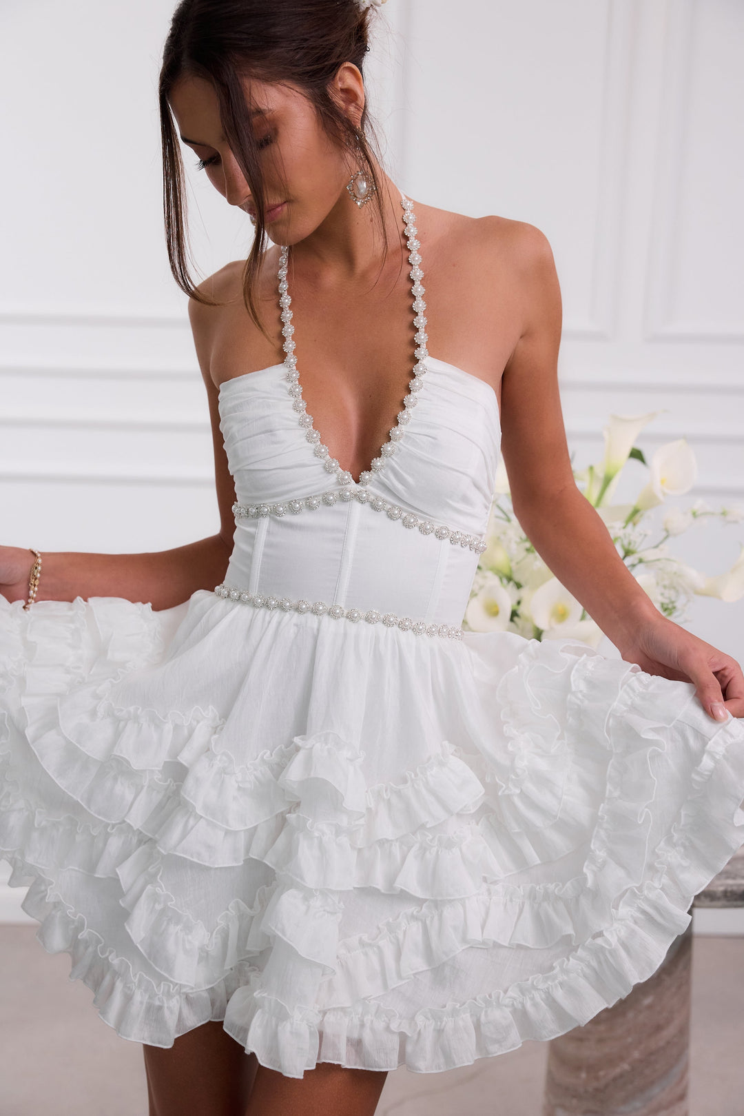 Wedding Guest Pink Floral Halter Mini Dress for Women