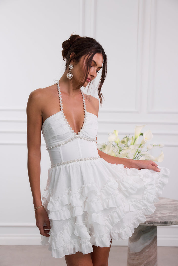 Wedding Guest Pink Floral Halter Mini Dress for Women