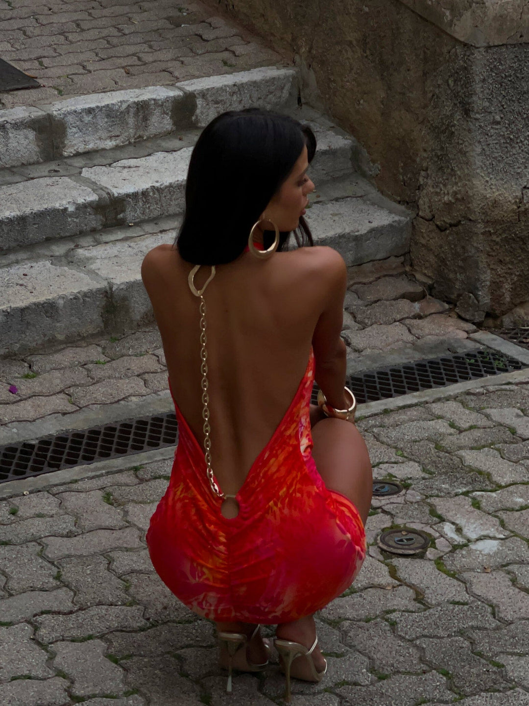 Wedding Guest Printed Halter Red Mini Dress for Women