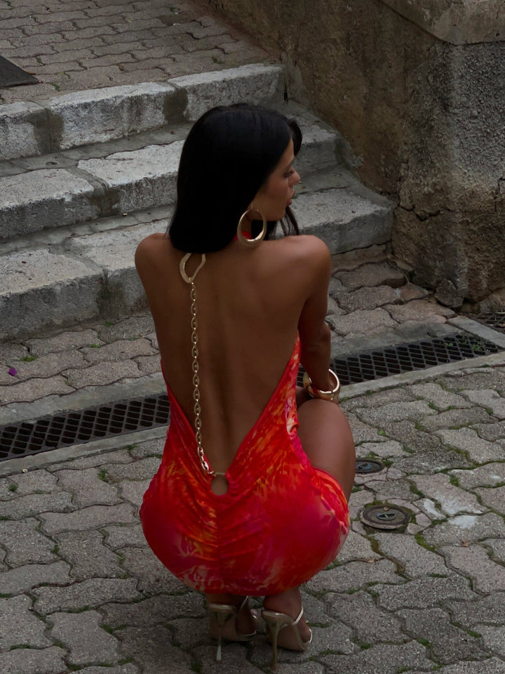 Wedding Guest Printed Halter Red Mini Dress for Women