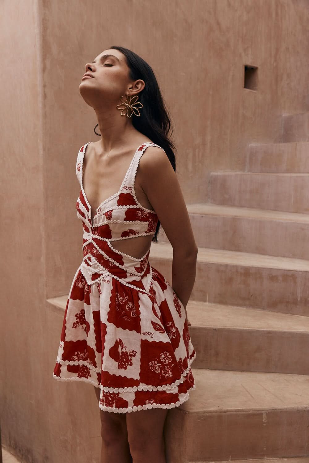 Wedding Guest Red Floral Cut Out Mini Dress for Women