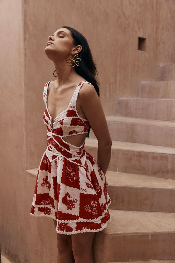 Wedding Guest Red Floral Cut Out Mini Dress for Women