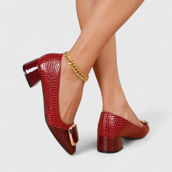 Red crocodile embossed block heel loafers with gold hardware accent