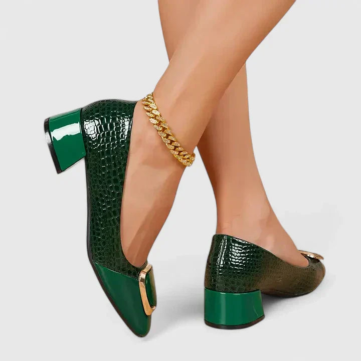 Green crocodile embossed block heel loafers with gold buckle trim