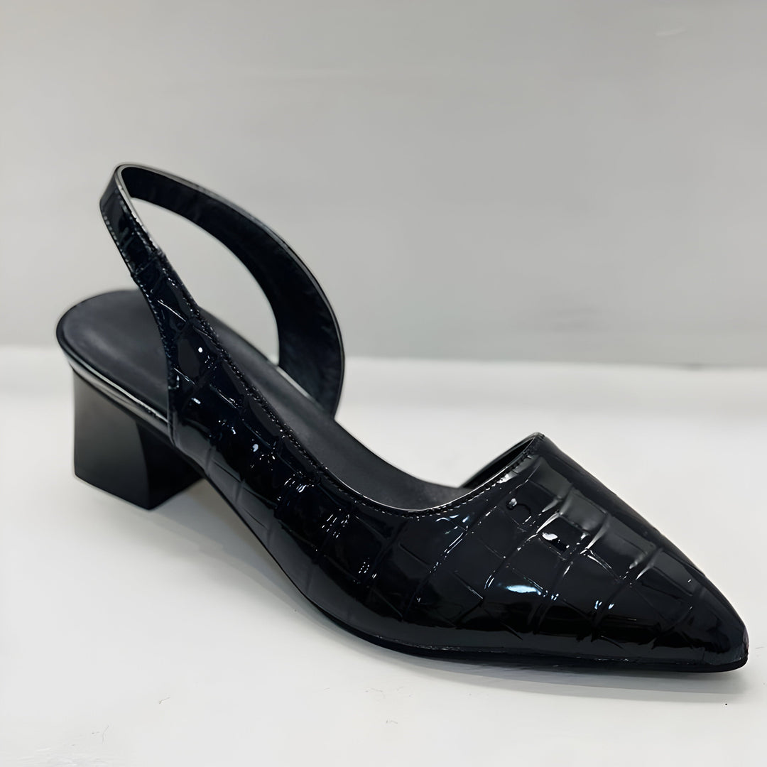 Black patent leather block heel slingback shoes with crocodile pattern detail