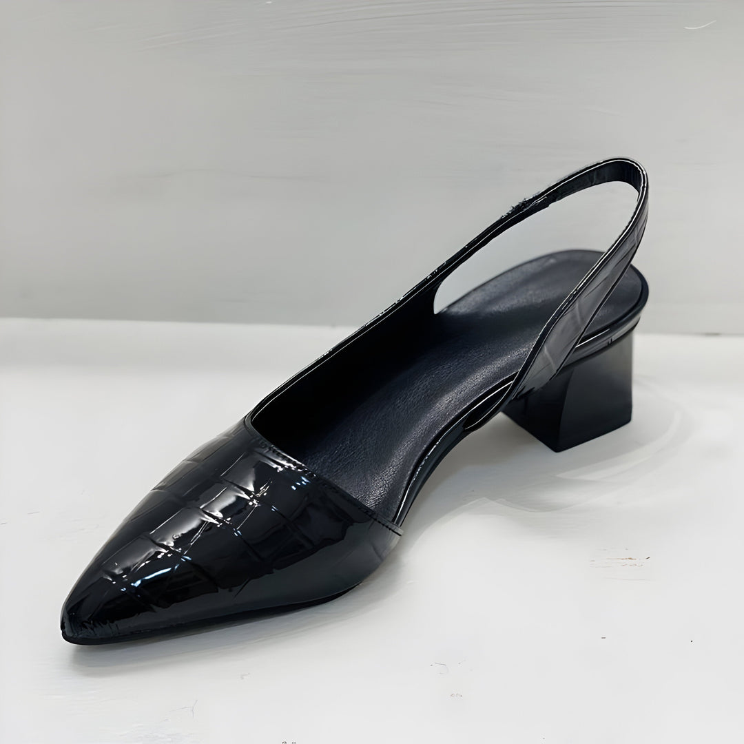 Black patent block heel slingback shoes with pointed toe and quilted texture