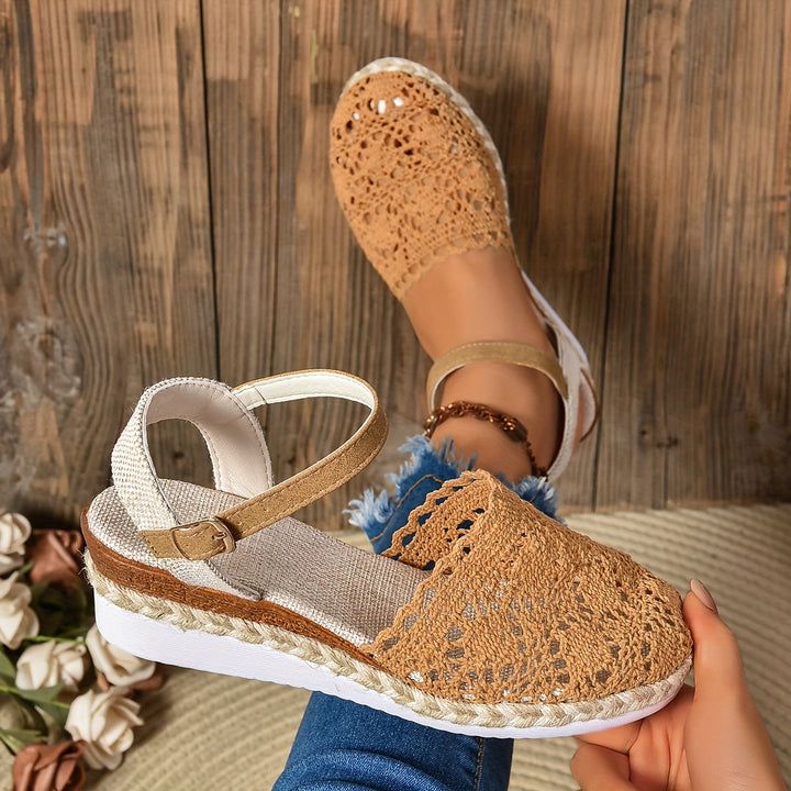 Caramel crochet lace sandal with cream ankle strap and rope sole detail