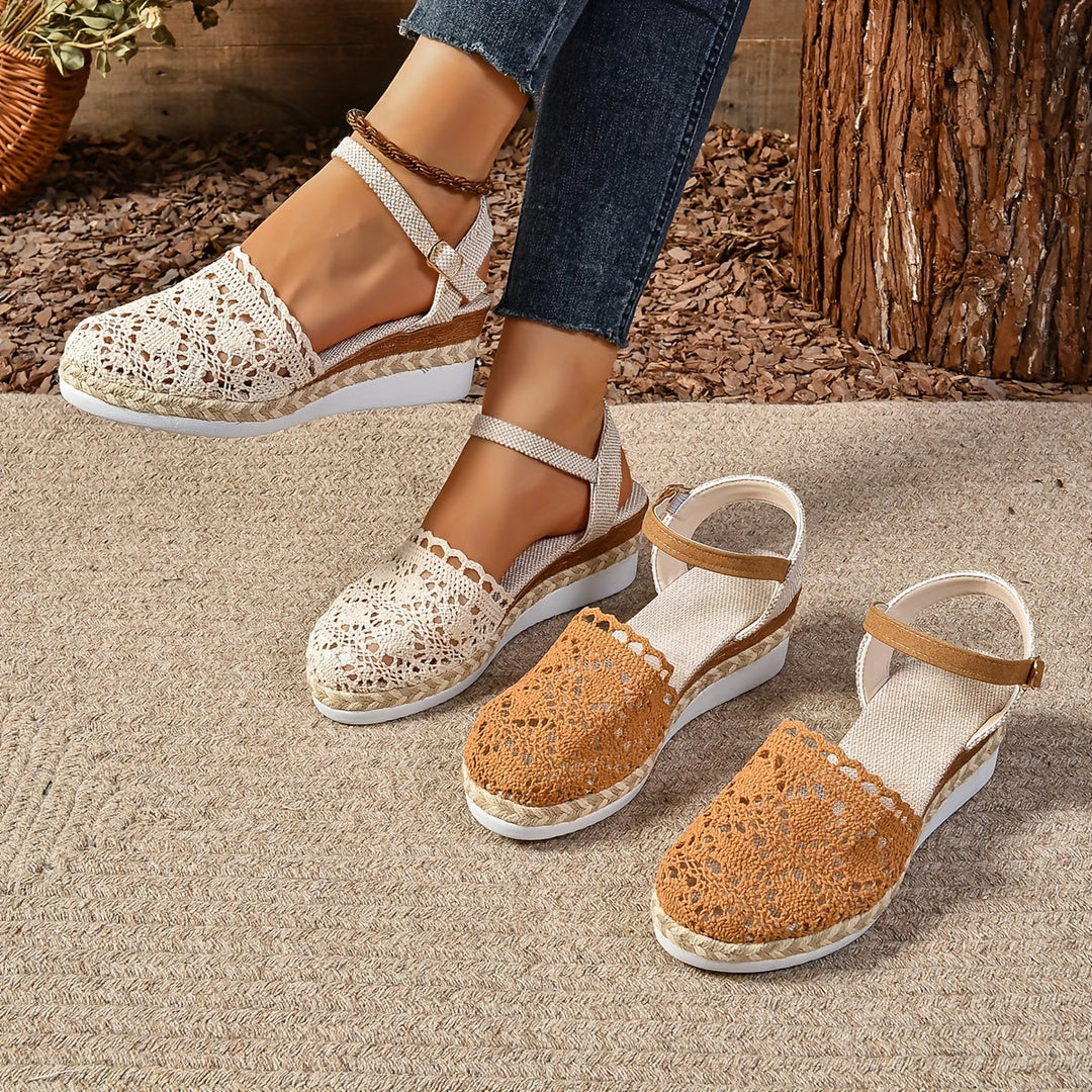 Multiple color options of crochet lace sandals in cream and caramel with adjustable straps
