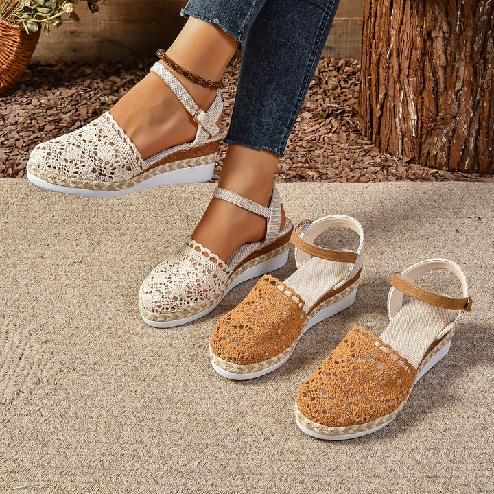 Multiple color options of crochet lace sandals in cream and caramel with adjustable straps