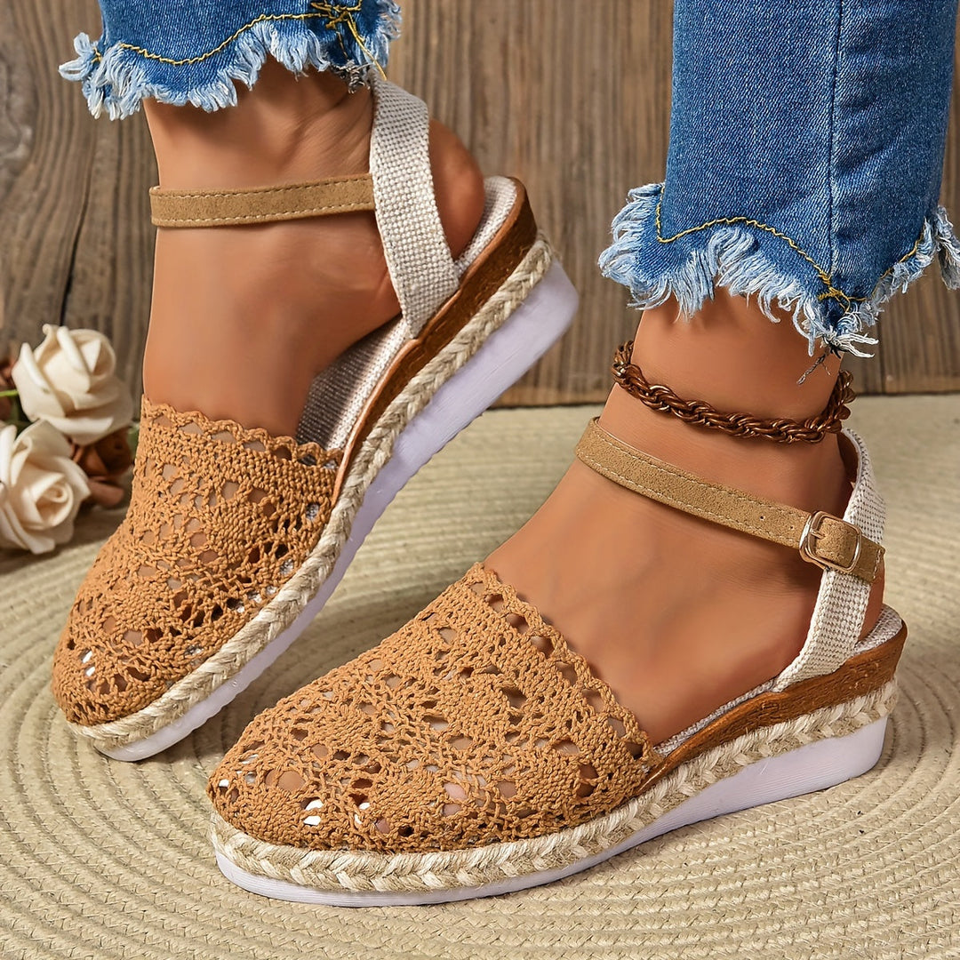 Caramel crochet lace sandals with cream ankle straps and chain bracelet detail