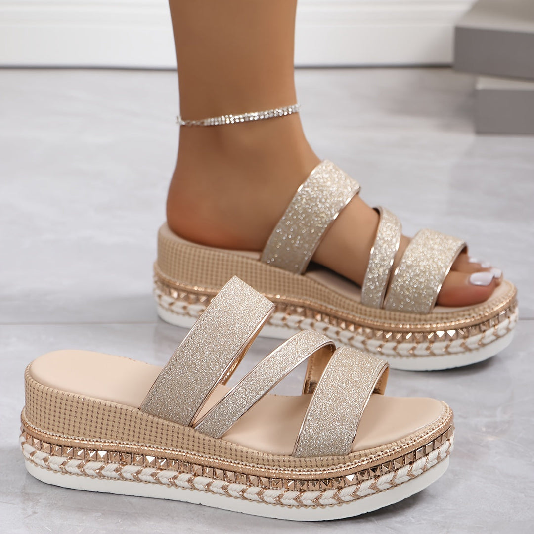 Champagne sparkle platform slide sandals with three glitter straps and woven sole trim