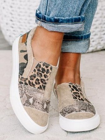 Leopard and snake print canvas sneakers with beige canvas and white platform sole