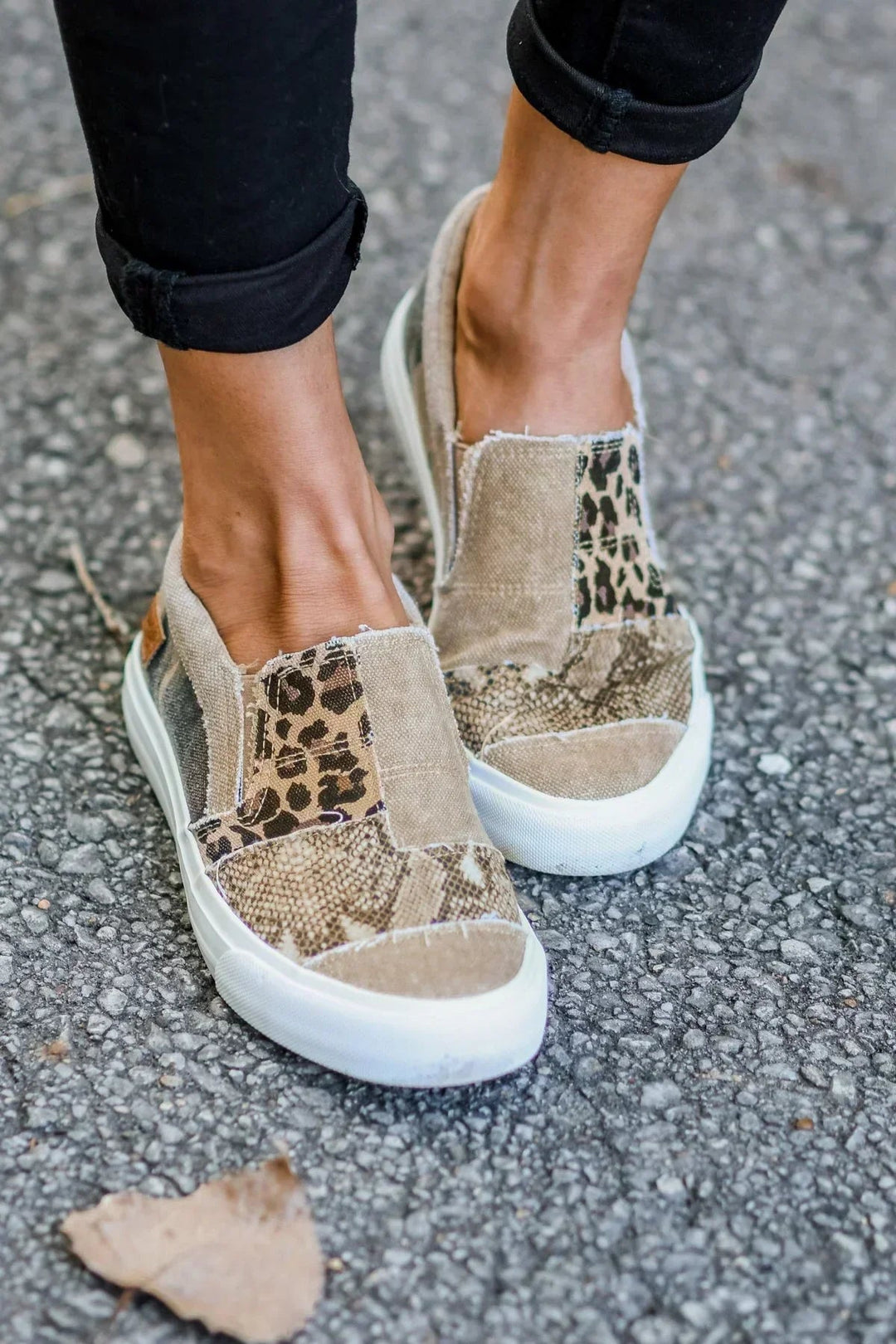 Women leopard mixed print canvas slip-on sneakers with white sole and beige base
